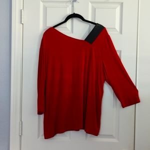 Chico's size 3 (16-18) 3/4 sleeve top with black leather like band -Red
